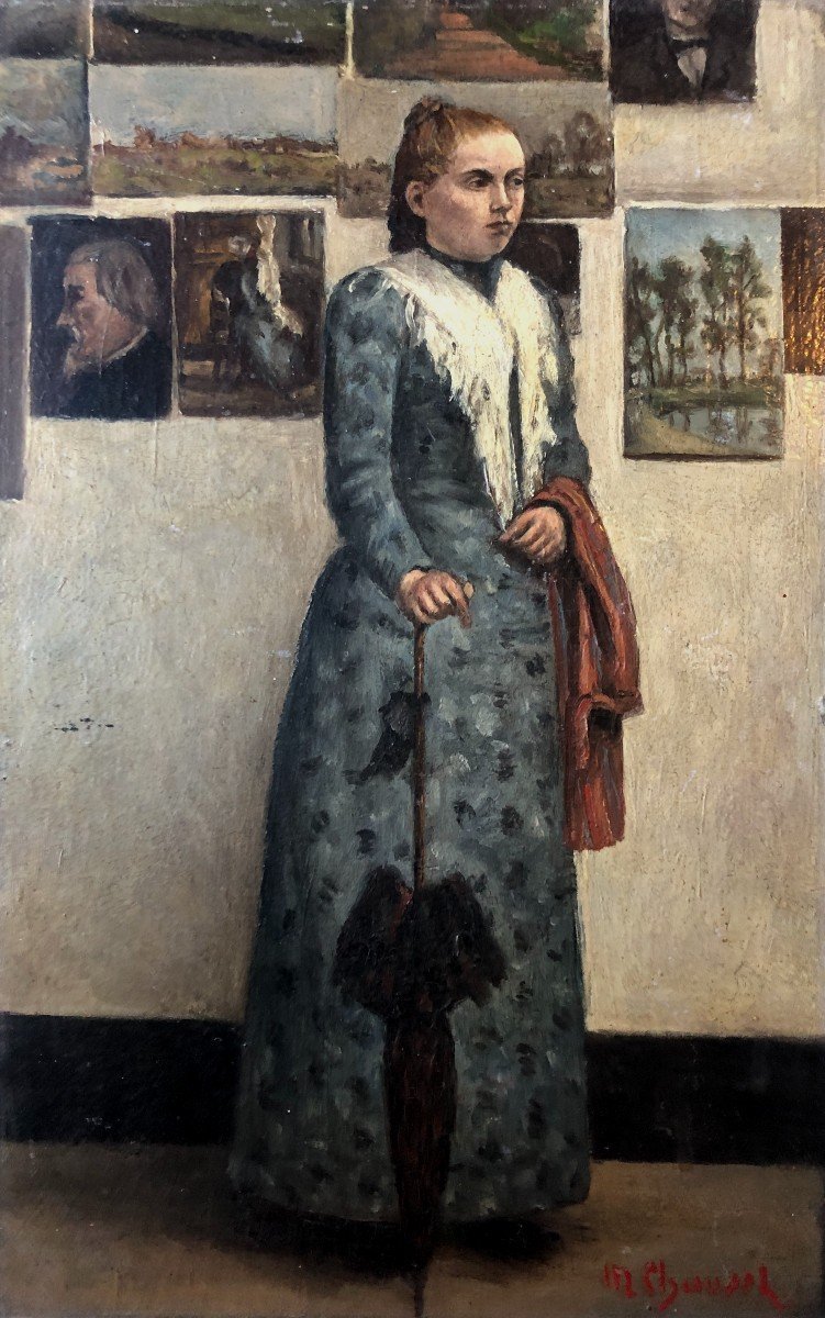 Théophile Narcisse Chauvel (1831-1909), Portrait De Femme Dans l'Atelier Du Peintre, Huile 