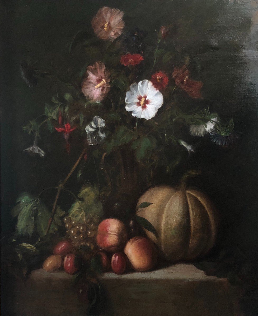 French School Of The End Of The 19th Century, Still Life With Flowers And Fruits, Oil On Canvas-photo-2