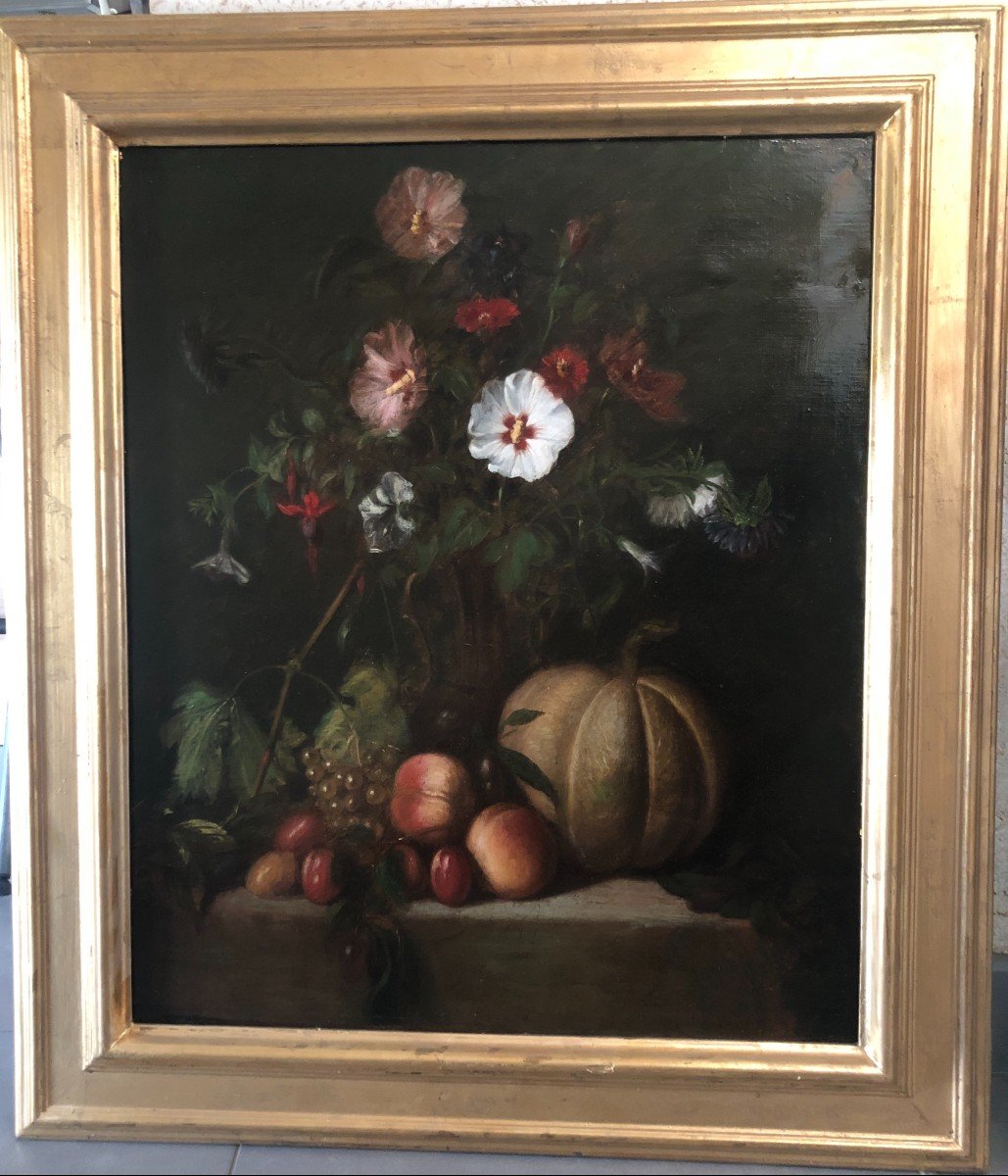 French School Of The End Of The 19th Century, Still Life With Flowers And Fruits, Oil On Canvas-photo-3