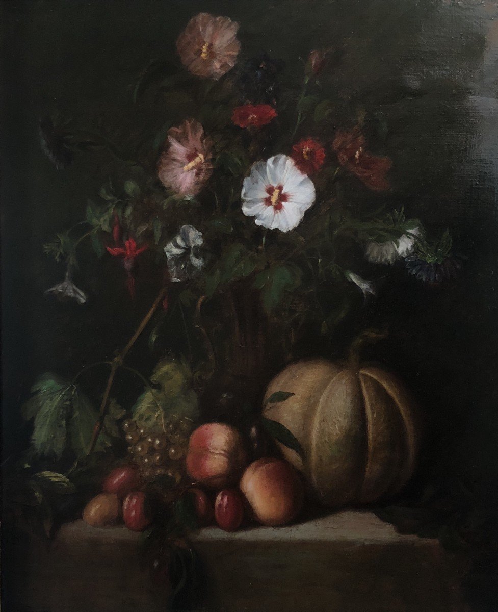French School Of The End Of The 19th Century, Still Life With Flowers And Fruits, Oil On Canvas