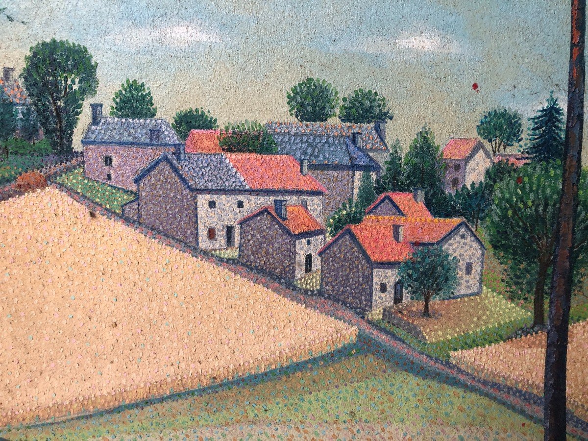 Jean Billon (xxe), Paysage Aux Maisons, Huile Sur Toile, Post Pointillisme, école lyonnaise-photo-2