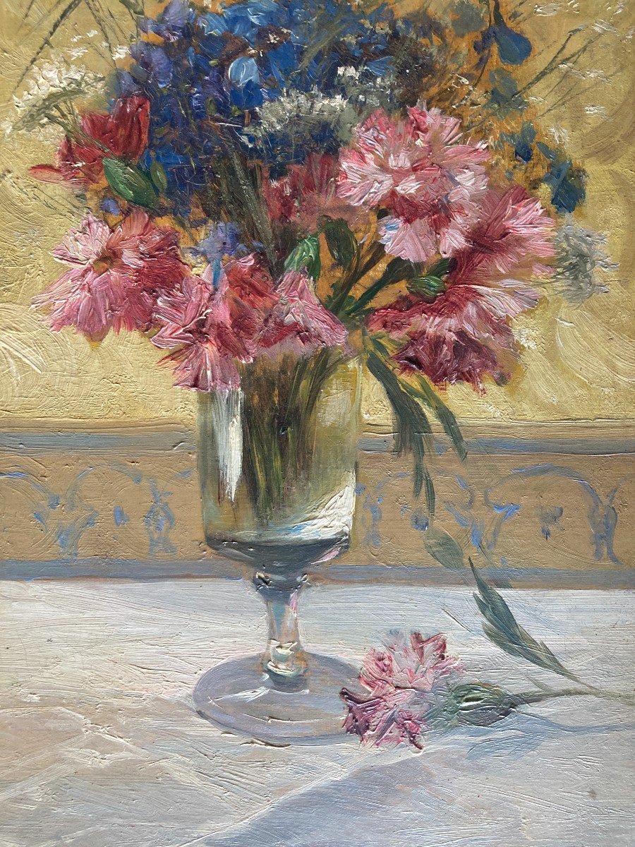 Amédée Baudit (1825-1890), Bouquet Of Flowers: Carnations And Cornflowers In A Vase, Oil On Canvas-photo-2