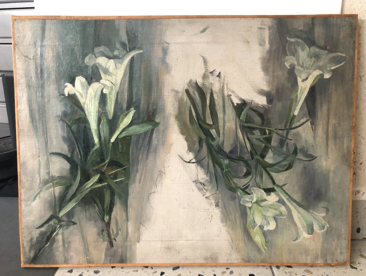 French School From The Beginning Of The 20th Century, Study Of Flowers: Lily, Oil On Canvas-photo-1