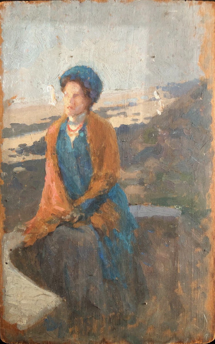 Jules Octave Triquet (paris 1867-1914), Portrait De Femme En Bord De Mer, Huile