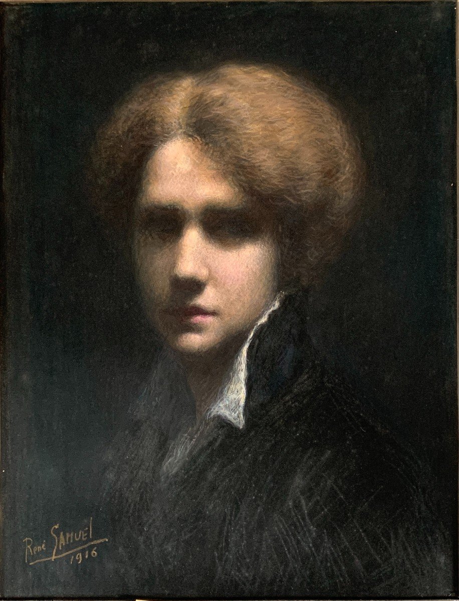 René Samuel, 1916, Portrait Of A Woman, Pastel On Paper-photo-2