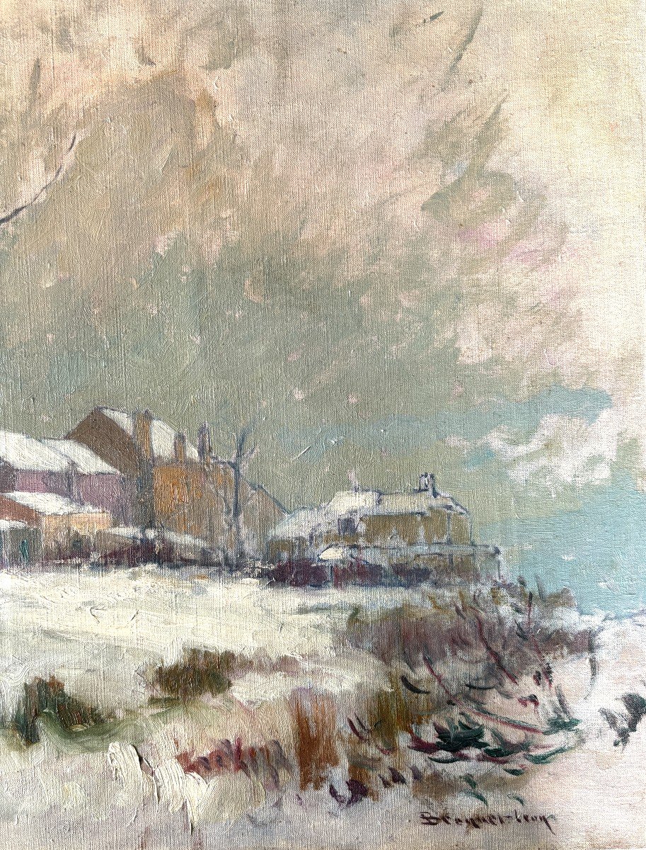 Léon Broquet (1869-1935), Winter Landscape: Snowy Village, Oil On Canvas, Impressionism -photo-2