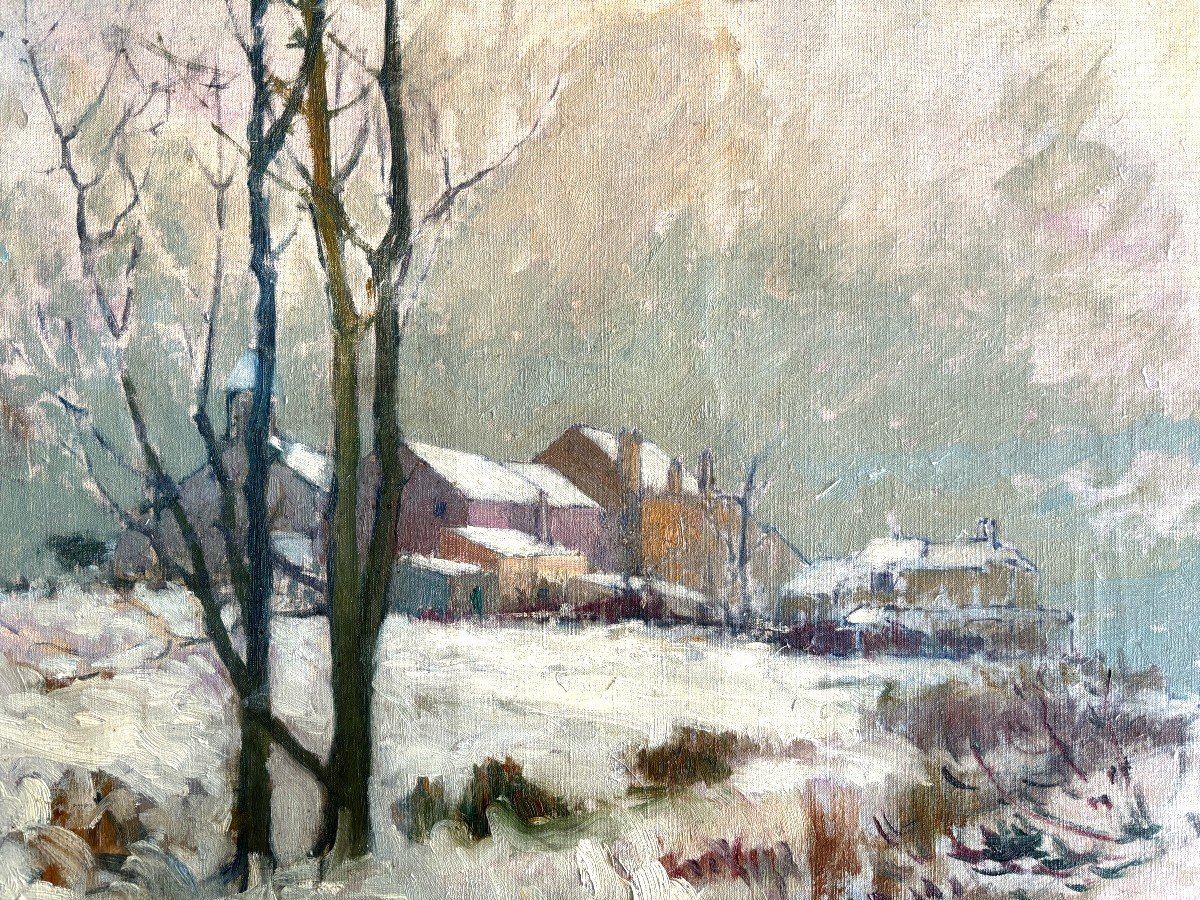 Léon Broquet (1869-1935), Winter Landscape: Snowy Village, Oil On Canvas, Impressionism -photo-3