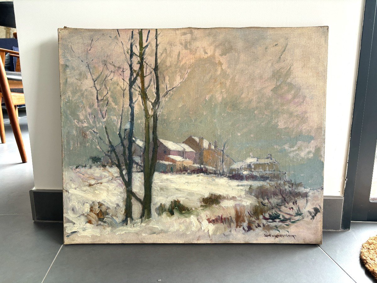 Léon Broquet (1869-1935), Winter Landscape: Snowy Village, Oil On Canvas, Impressionism -photo-4
