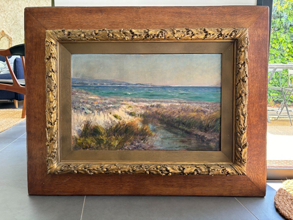 P.asluc? , Large Seaside Landscape: Presumed View Of The Surroundings Of Toulon, Oil On Canvas-photo-3