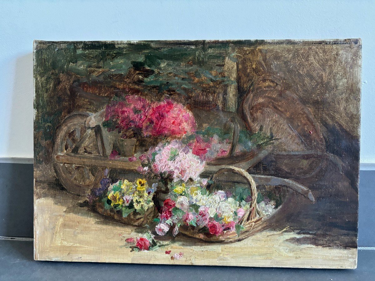 Ecole Française début XXe, Coin De Jardin à La Brouette Fleurie: Roses Et Pensées, Huile-photo-3