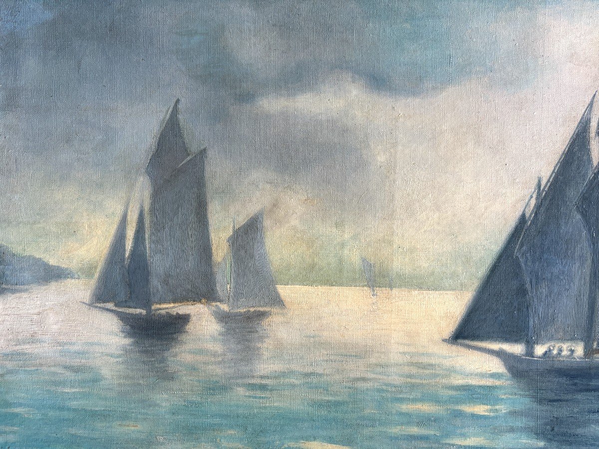 Ecole Bretonne, 1908, Marine : Bateaux Au Large, Huile Sur Toile-photo-3