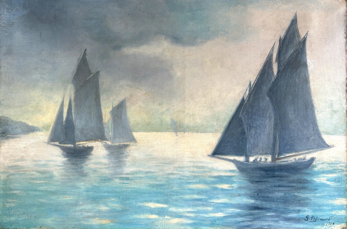 Ecole Bretonne, 1908, Marine : Bateaux Au Large, Huile Sur Toile