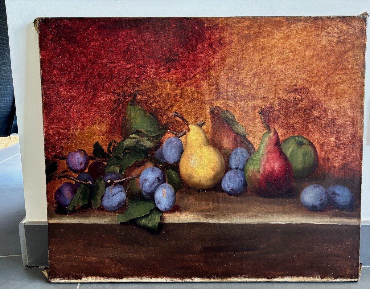 French School, Late 19th Century, Still Life With Fruit: Plums And Pears, Oil On Canvas-photo-2