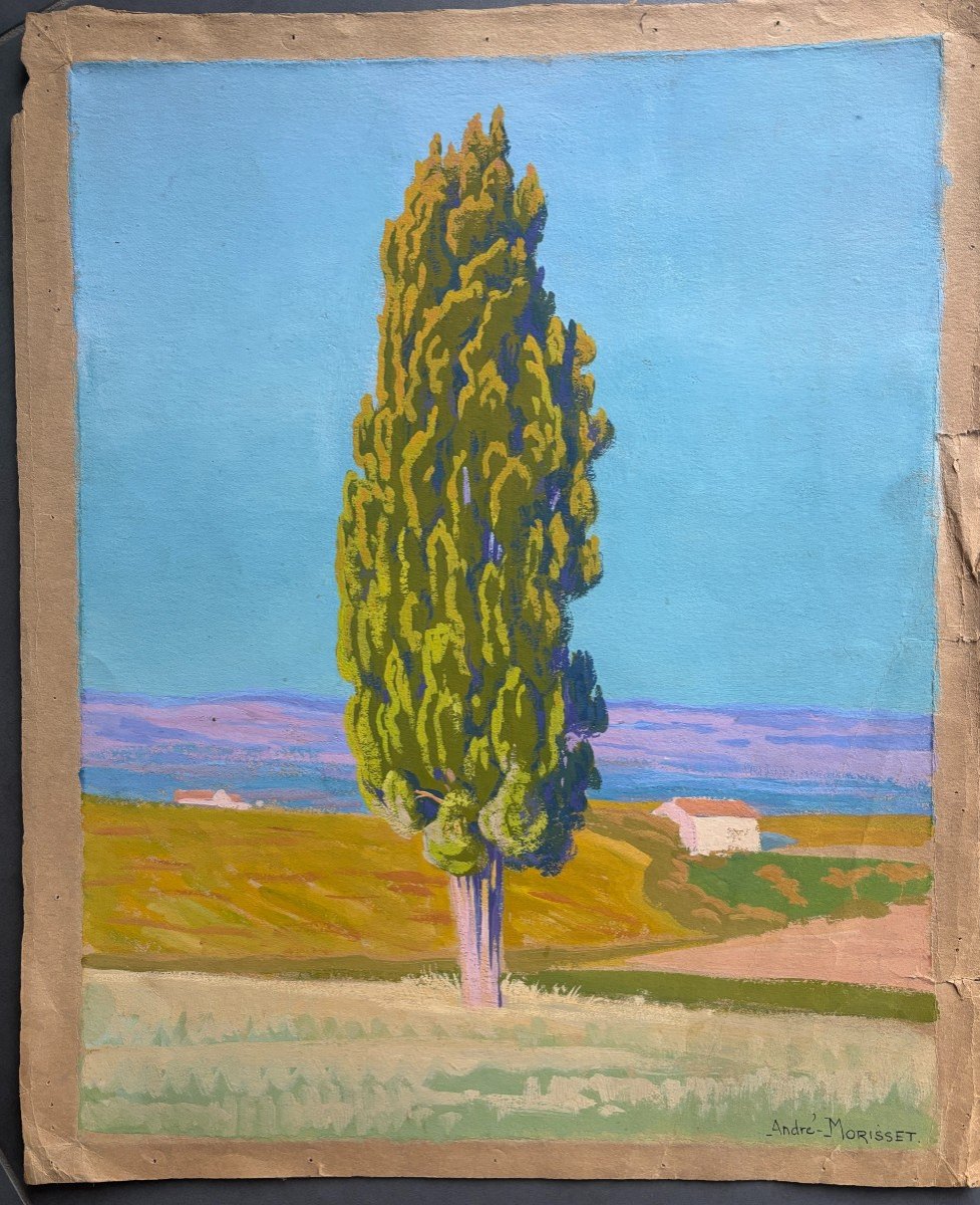 André Morisset (1876-1954) ,grand Paysage Au Pin, Dessin à La Gouache-photo-2