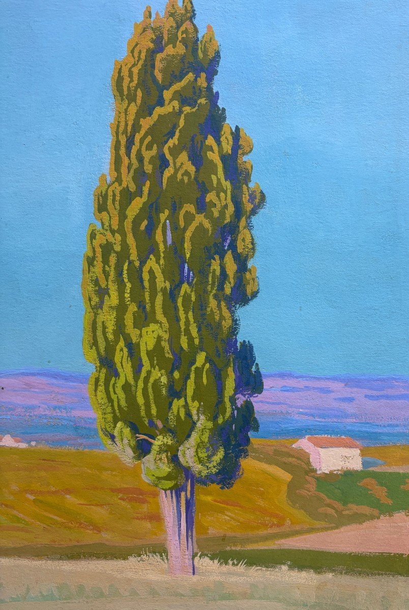 André Morisset (1876-1954) ,grand Paysage Au Pin, Dessin à La Gouache-photo-3
