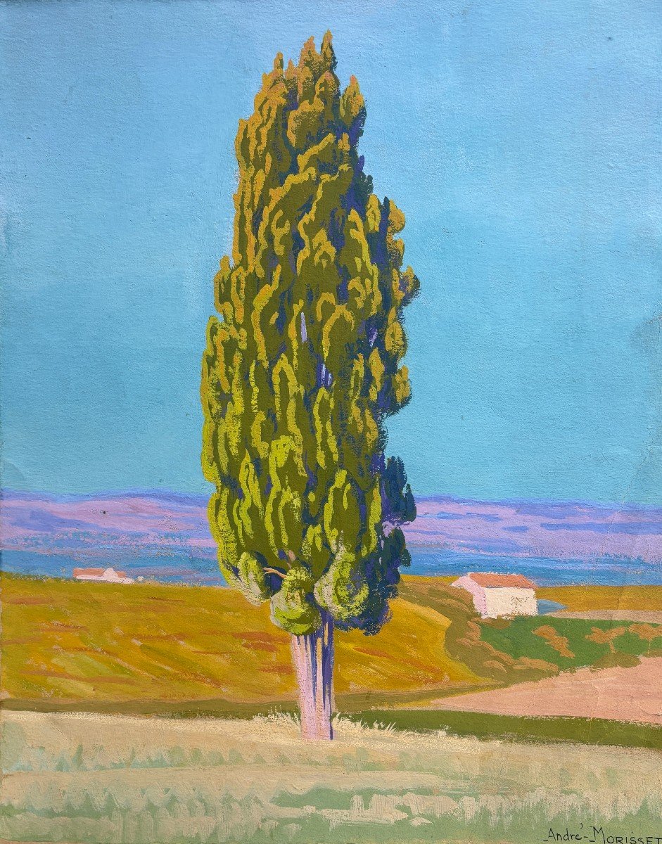 André Morisset (1876-1954) ,grand Paysage Au Pin, Dessin à La Gouache