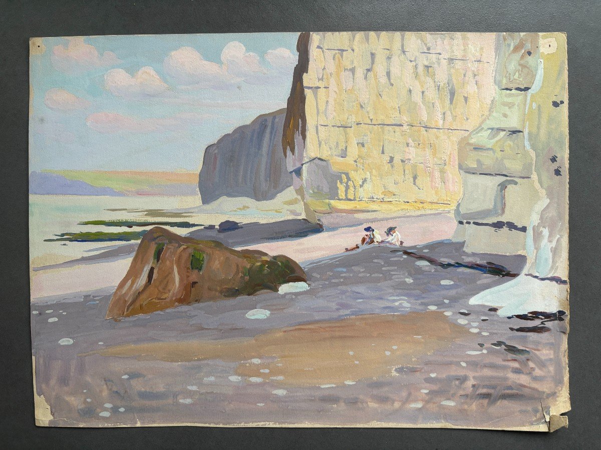 André Morisset (1876-1954), Cliffs And Lively Beach In Normandy Or Brittany, Drawing-photo-2