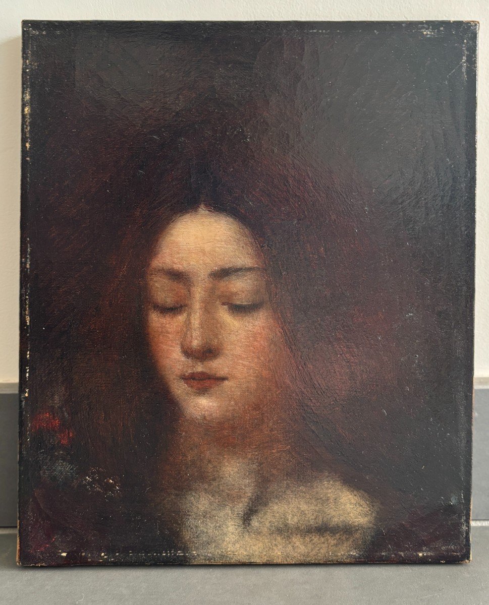 English Symbolist School, Portrait Of A Woman, Oil On Canvas-photo-4