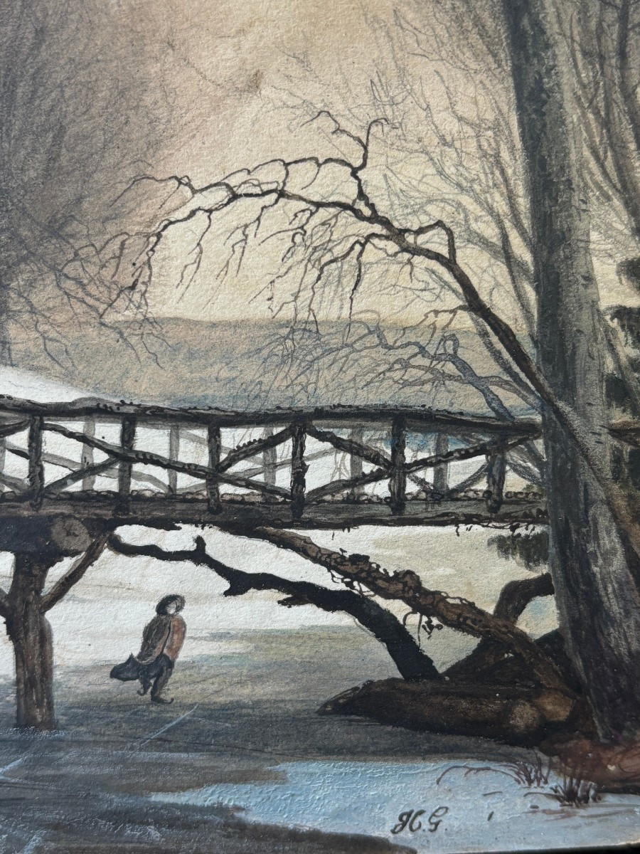 Ecole Du XIXe Siècle, Patineur Dans Un Paysage Boisé, Dessin-photo-2