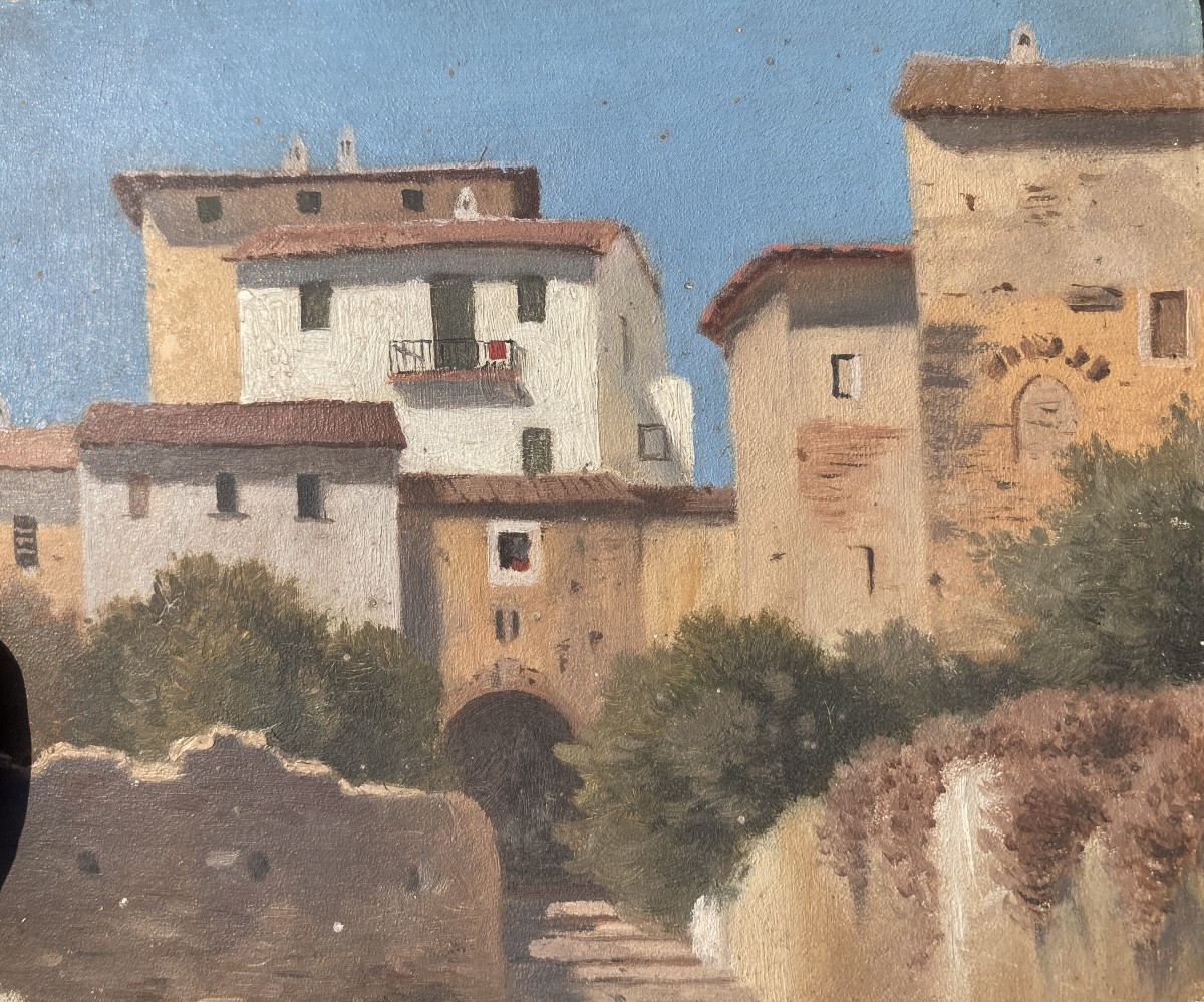 Ecole Française Vers 1860, Village Du Sud Ou Italien?, Huile Sur Papier
