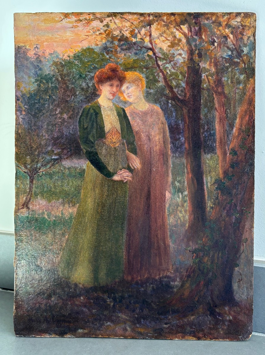 André-marc Antigna (1869-1941), Promenade d'Amies, Huile Sur Carton, Symbolisme-photo-4