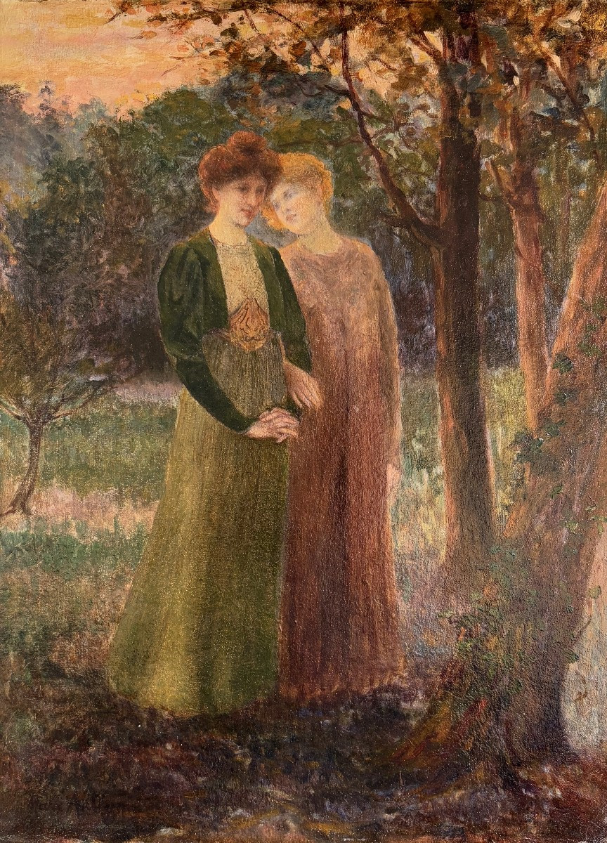 André-marc Antigna (1869-1941), Promenade d'Amies, Huile Sur Carton, Symbolisme