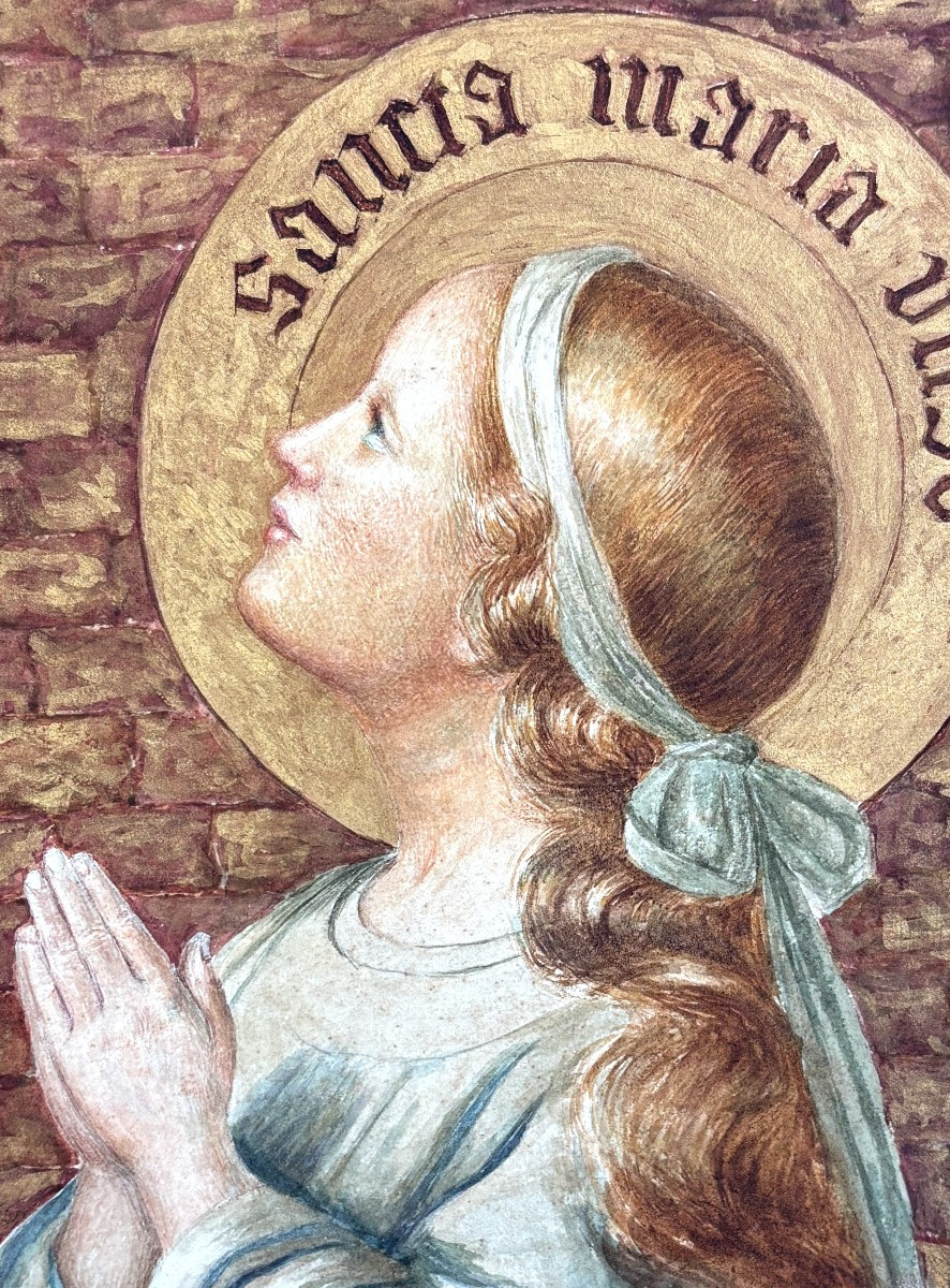 Pauline Dufêtre (lyon 1863-1923), Portrait Of A Saint In Profile, Drawing, Lyon School-photo-4