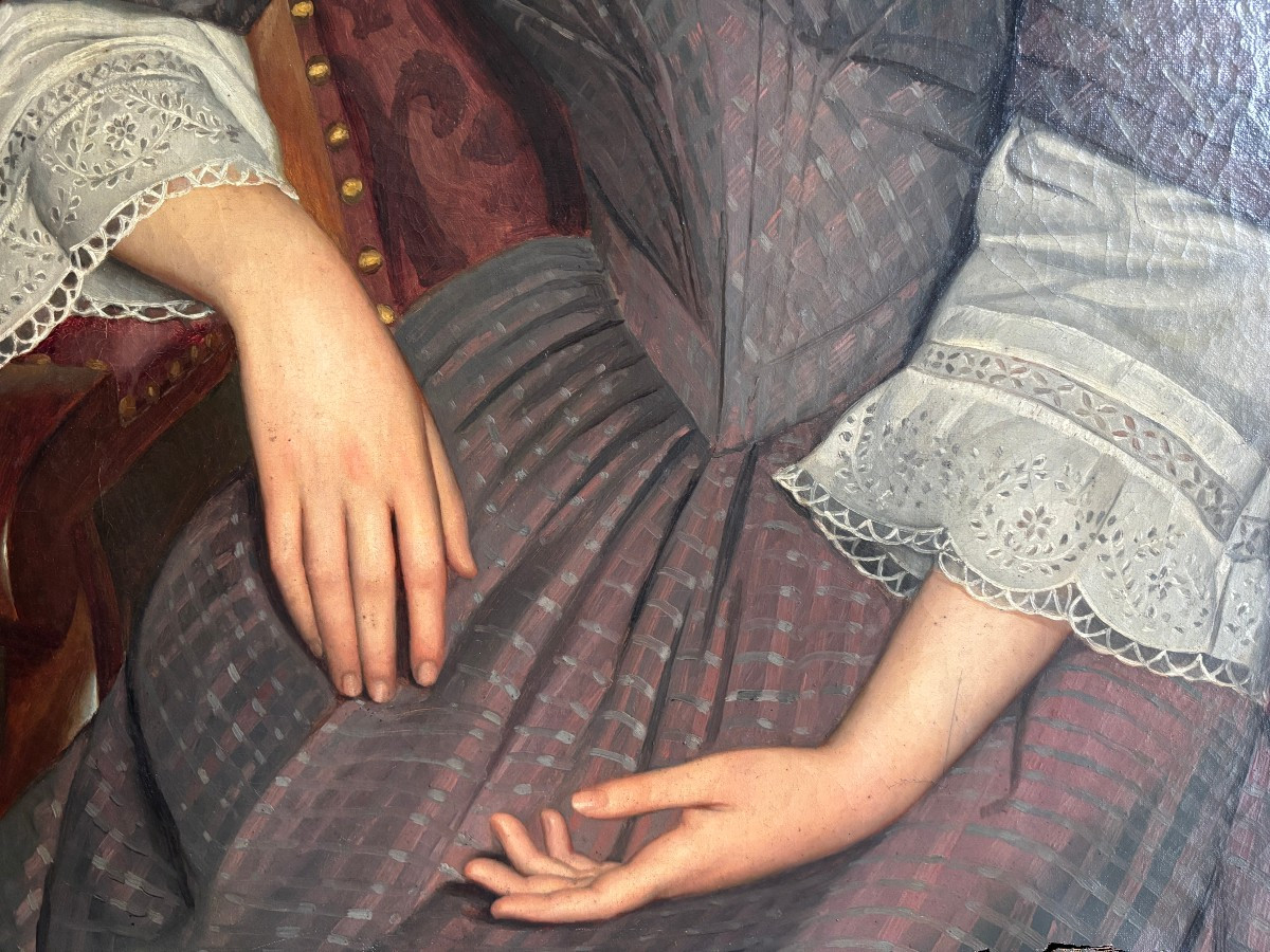 Ecole Française Vers 1860, Grand Portrait De Jeune Femme à La Dentelle, Huile Sur Toile-photo-3