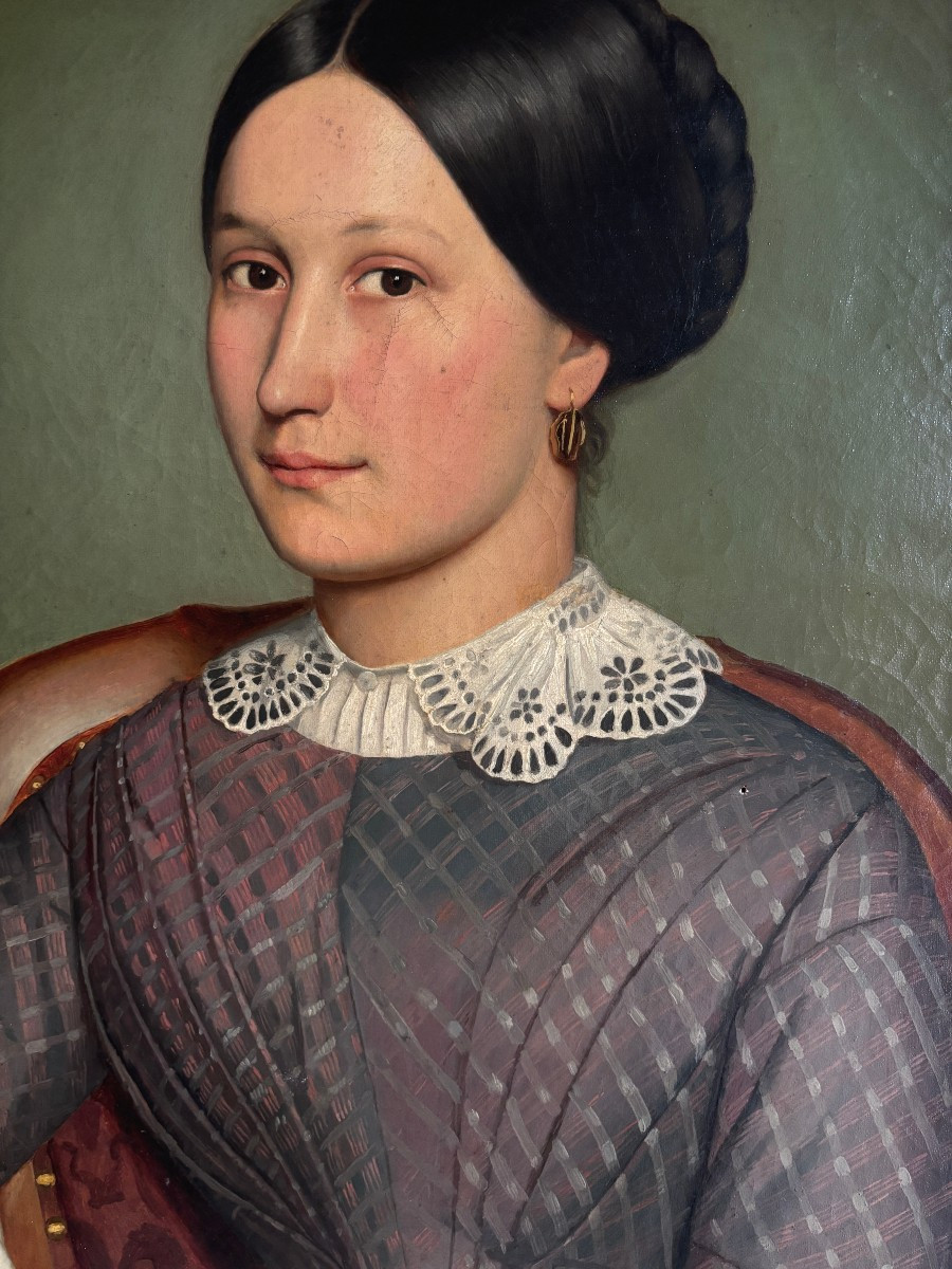 Ecole Française Vers 1860, Grand Portrait De Jeune Femme à La Dentelle, Huile Sur Toile-photo-1
