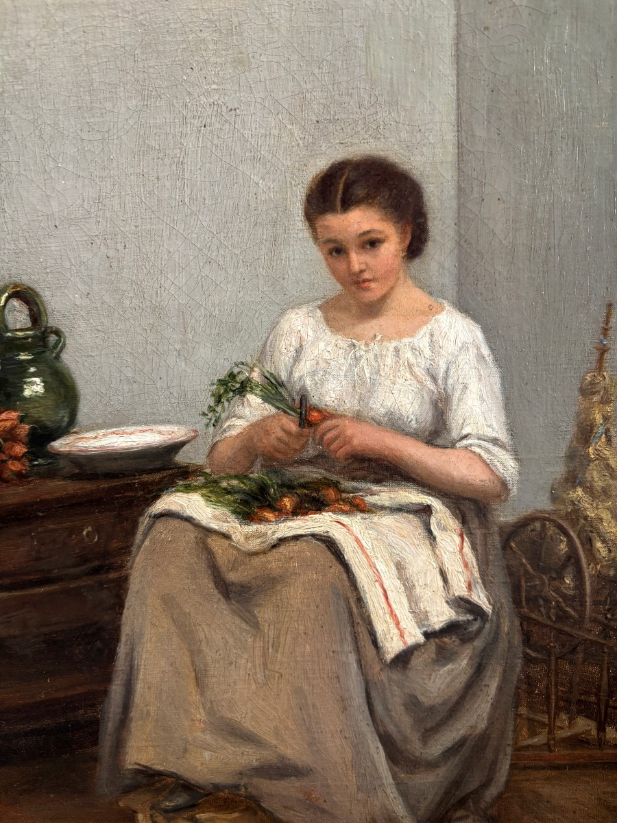 Ecole Française Du XIXe Siècle, Jeune Femme épluchant Des Légumes, Huile Sur Toile, 79?-photo-2