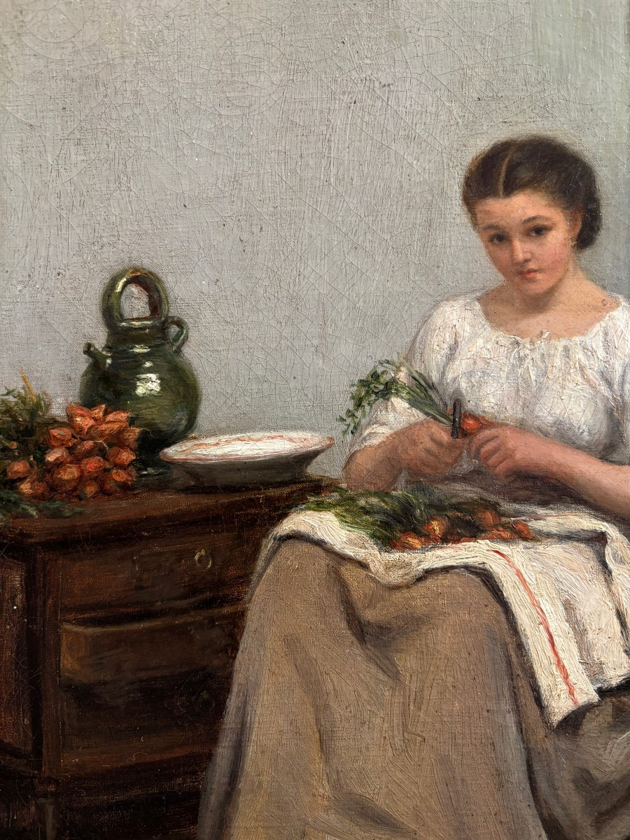 Ecole Française Du XIXe Siècle, Jeune Femme épluchant Des Légumes, Huile Sur Toile, 79?-photo-3