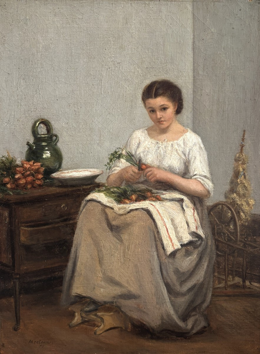 Ecole Française Du XIXe Siècle, Jeune Femme épluchant Des Légumes, Huile Sur Toile, 79?