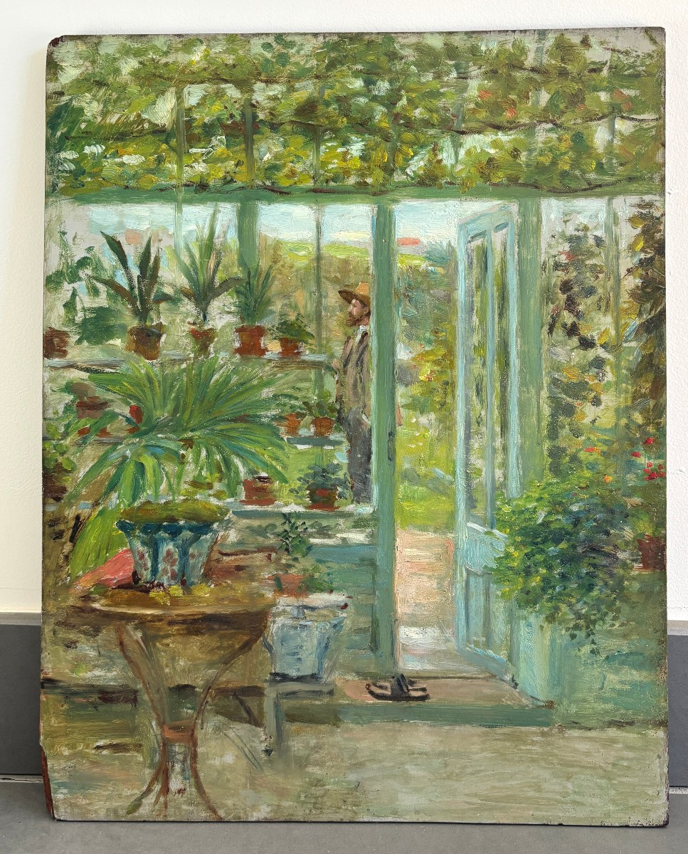 French School Circa 1900, The Glasshouse Or Man In A Boater's Hat Near His Greenhouse, Oil On Panel-photo-2