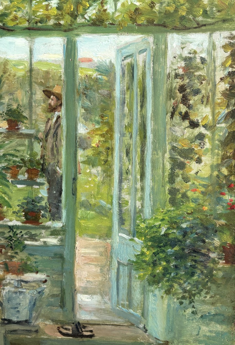 French School Circa 1900, The Glasshouse Or Man In A Boater's Hat Near His Greenhouse, Oil On Panel-photo-3