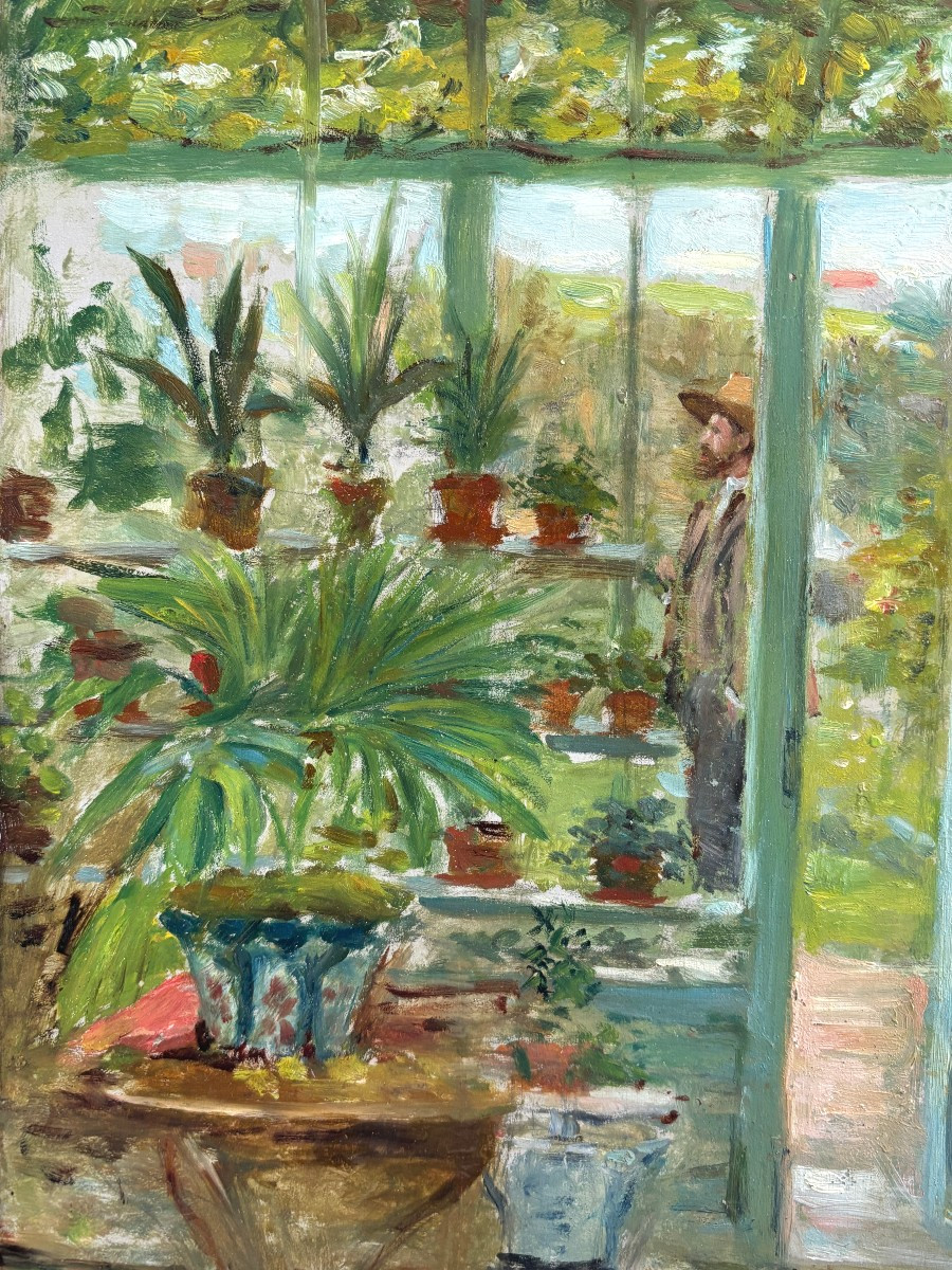 French School Circa 1900, The Glasshouse Or Man In A Boater's Hat Near His Greenhouse, Oil On Panel-photo-4