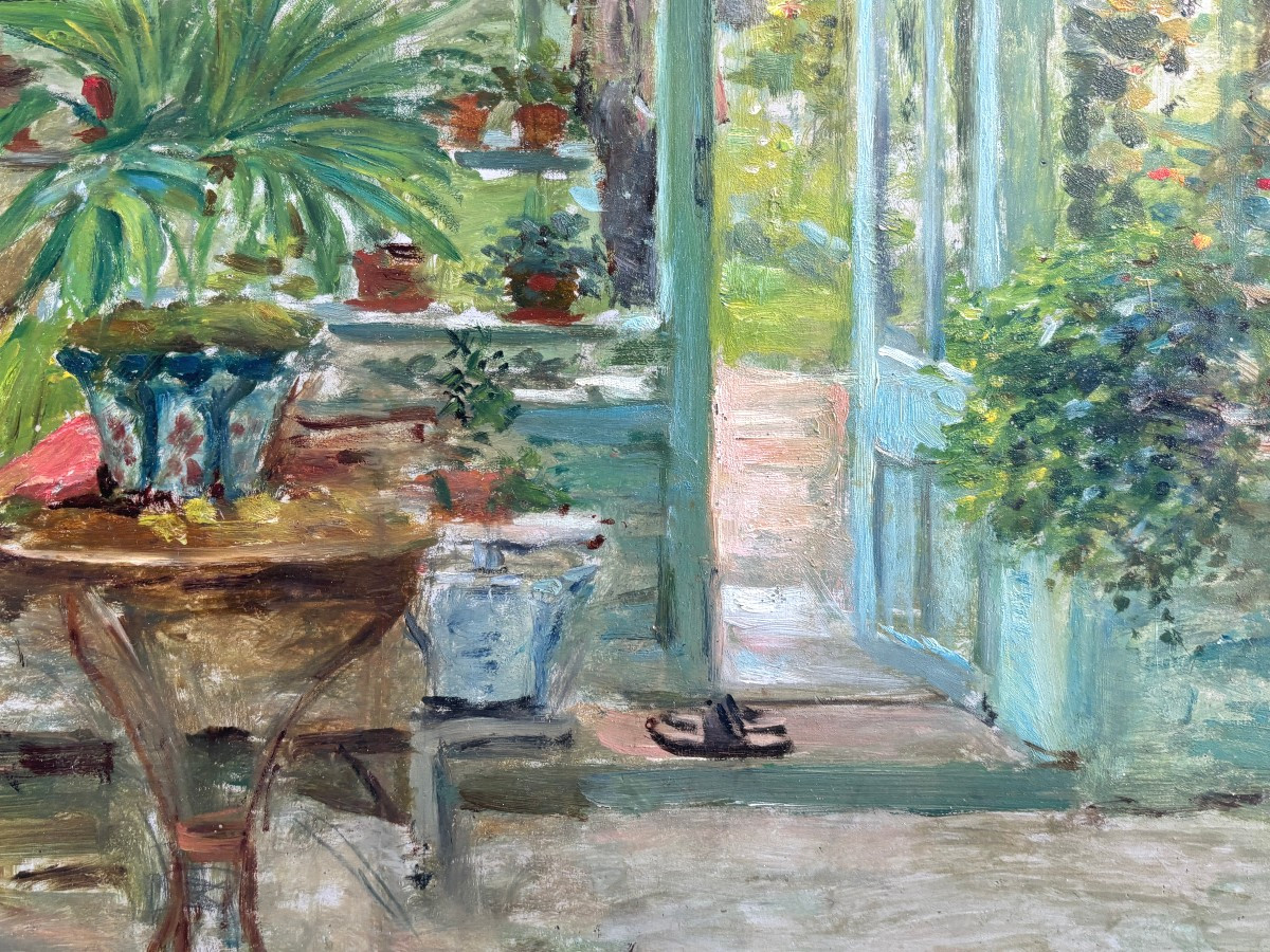 French School Circa 1900, The Glasshouse Or Man In A Boater's Hat Near His Greenhouse, Oil On Panel-photo-1