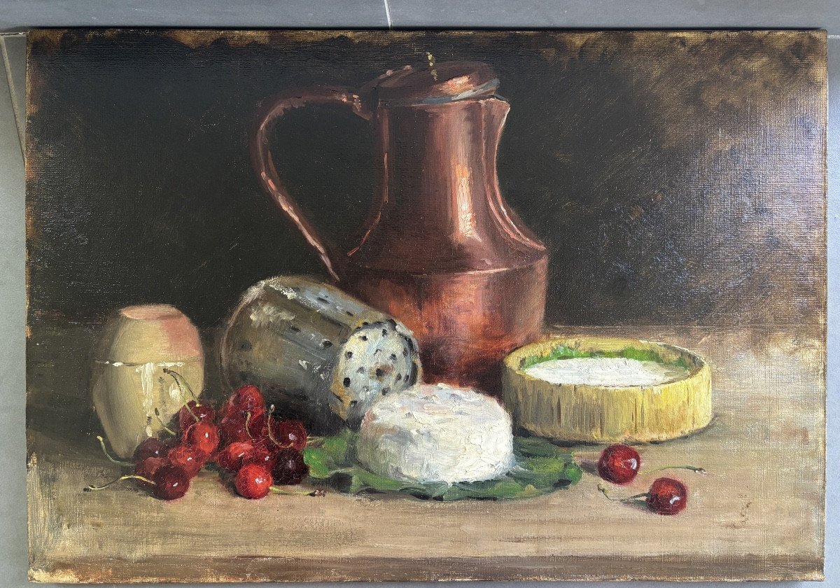 École française de la fin du XIXe siècle, Nature morte aux fromages et cerises, huile sur toile-photo-3