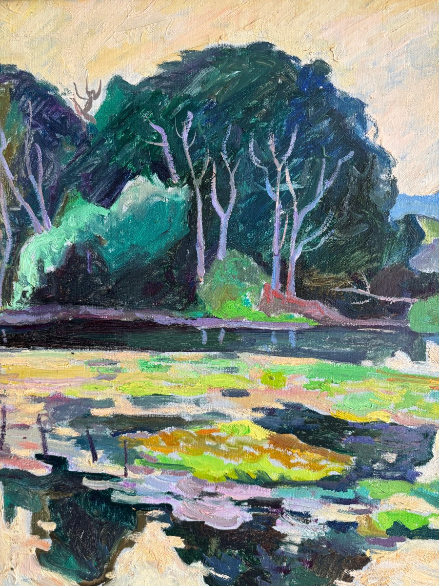 Franck Innocent (Rouen 1912-1983), Paysage : L'Eure à Pont de l'Arche, Rouen, huile, 1979-photo-3