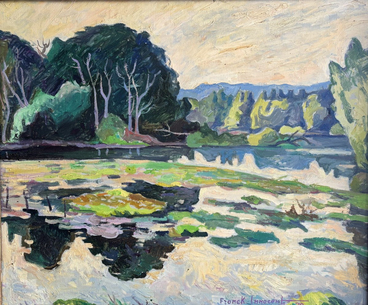 Franck Innocent (Rouen 1912-1983), Paysage : L'Eure à Pont de l'Arche, Rouen, huile, 1979