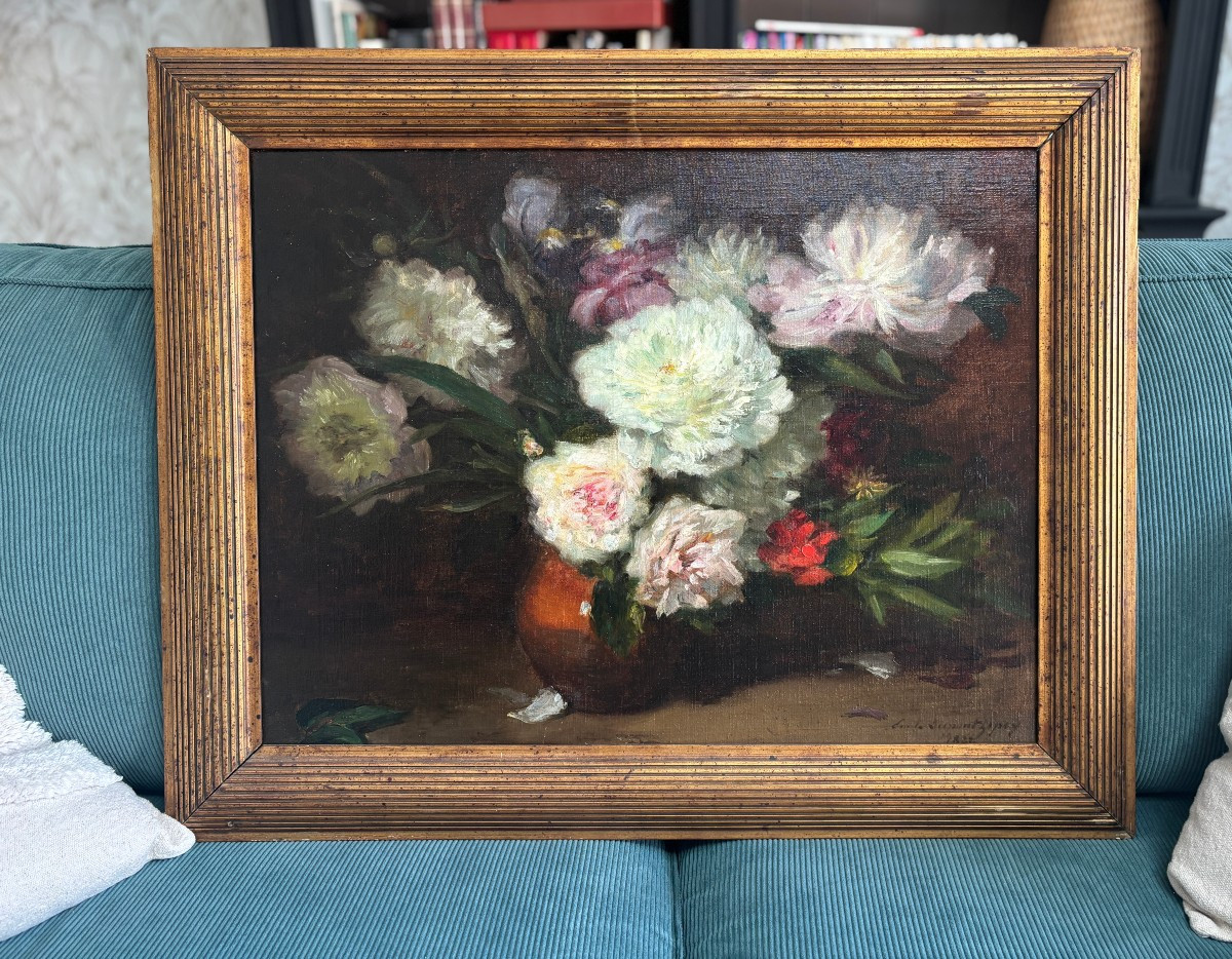 Emile Dupont-Zipcy (1822-1885), Nature morte aux pivoines et Iris, Huile sur toile, 1882-photo-4
