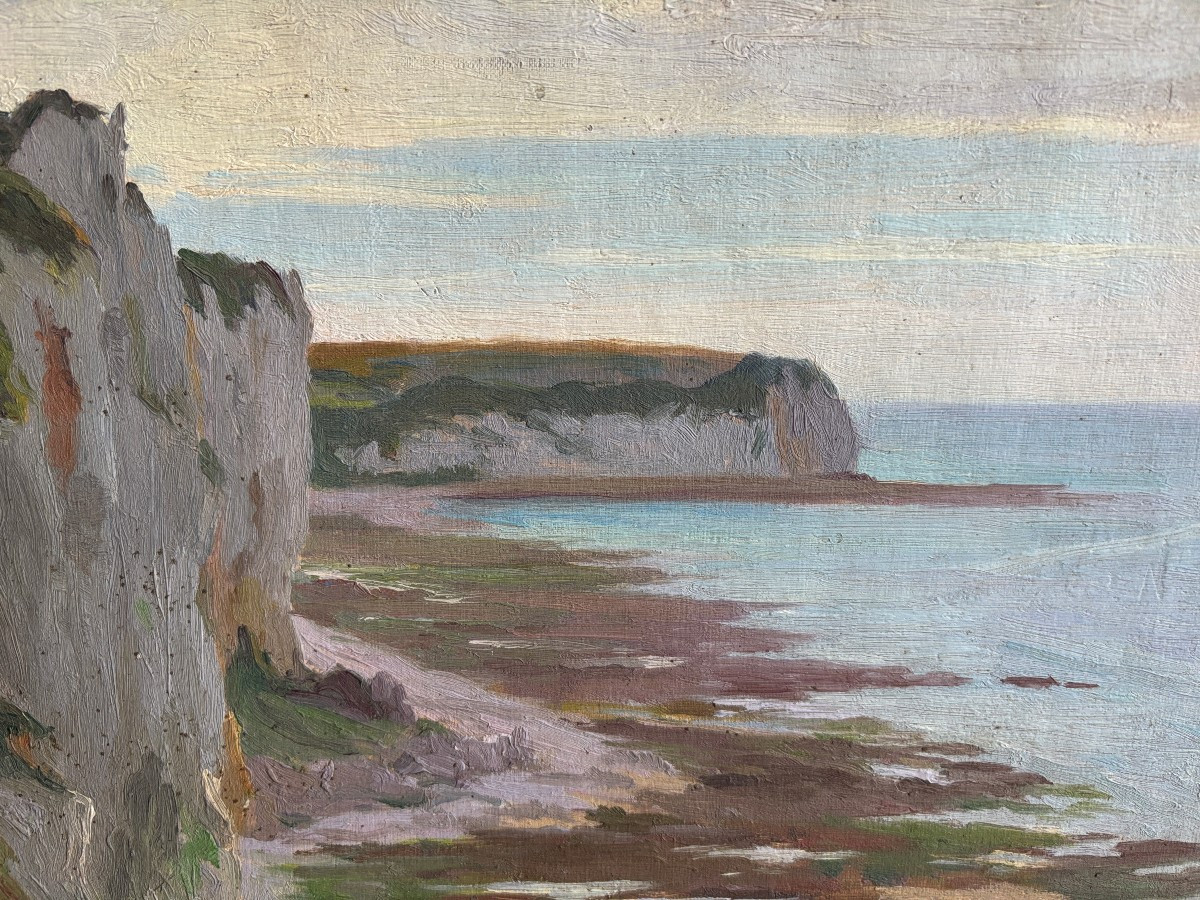 Frédéric Levé (1877-1968), Falaises en Normandie, Huile sur papier-photo-2