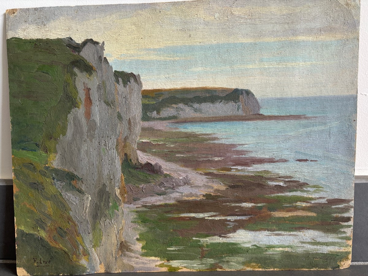 Frédéric Levé (1877-1968), Falaises en Normandie, Huile sur papier-photo-3