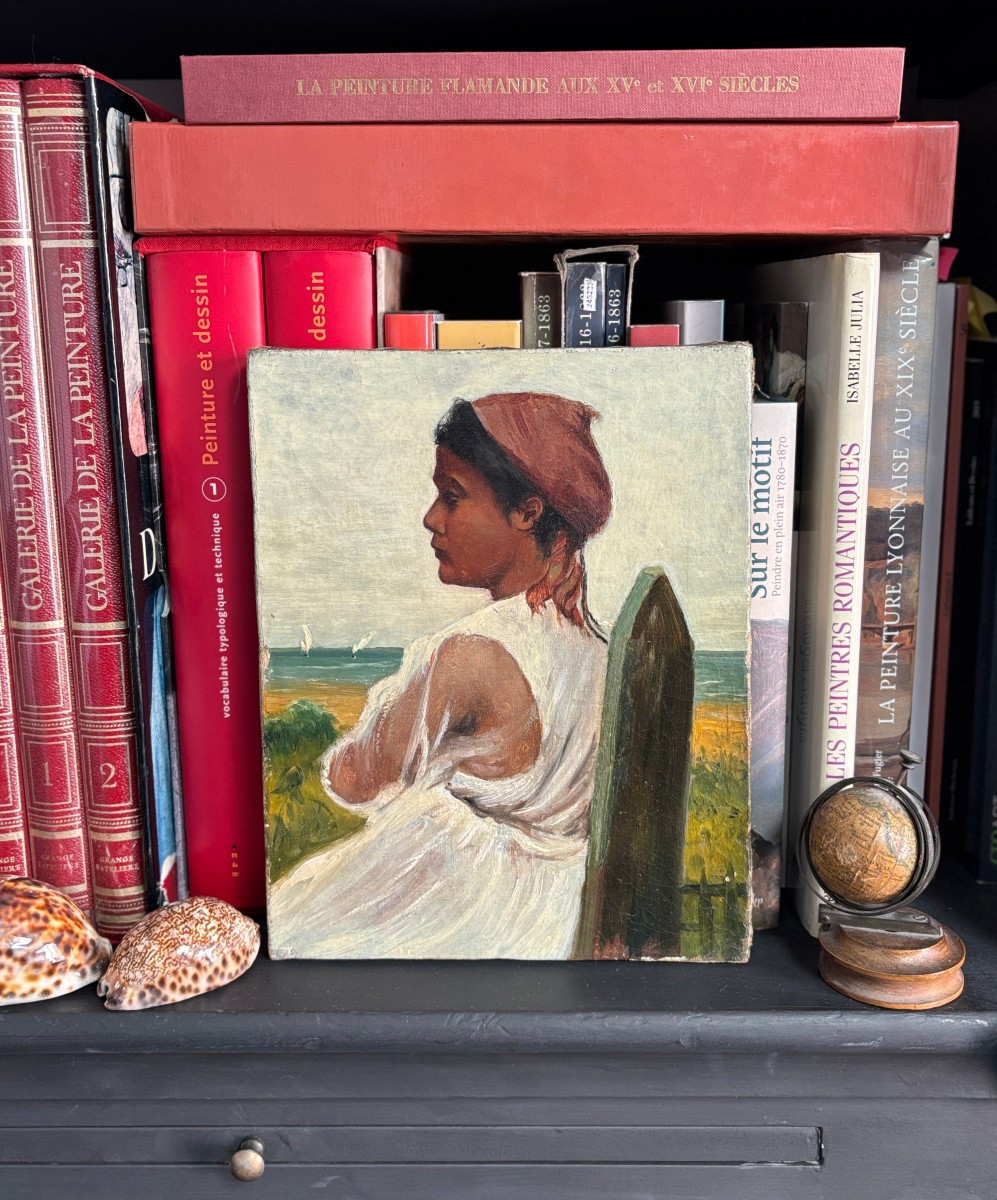 French School, Late 19th Century, Young West Indian Woman In Front Of A Seaside Landscape, Oil-photo-2