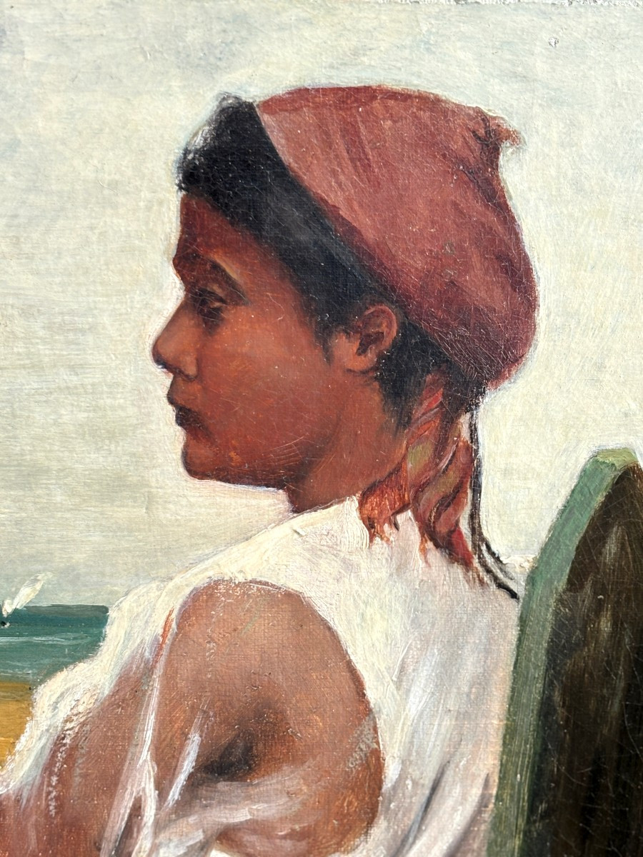 French School, Late 19th Century, Young West Indian Woman In Front Of A Seaside Landscape, Oil-photo-3