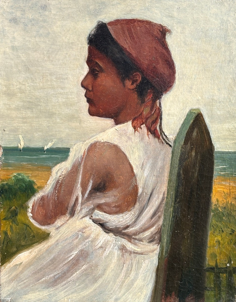 French School, Late 19th Century, Young West Indian Woman In Front Of A Seaside Landscape, Oil