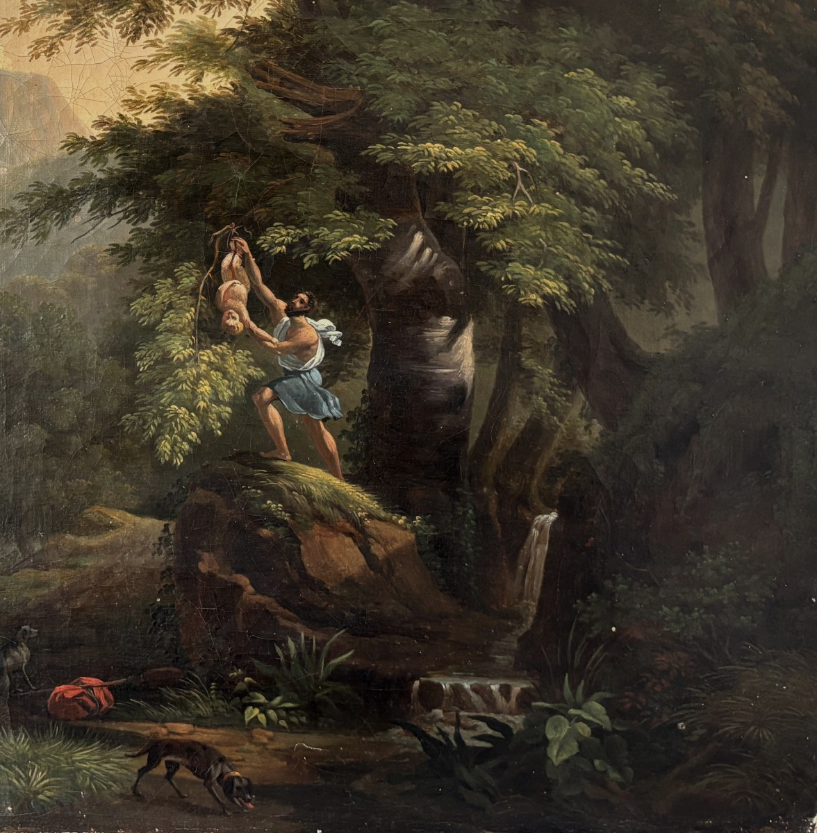 Ecole française néoclassique vers 1830, Paysage: Oedipe enfant détaché de l'arbre par Phorbas-photo-2