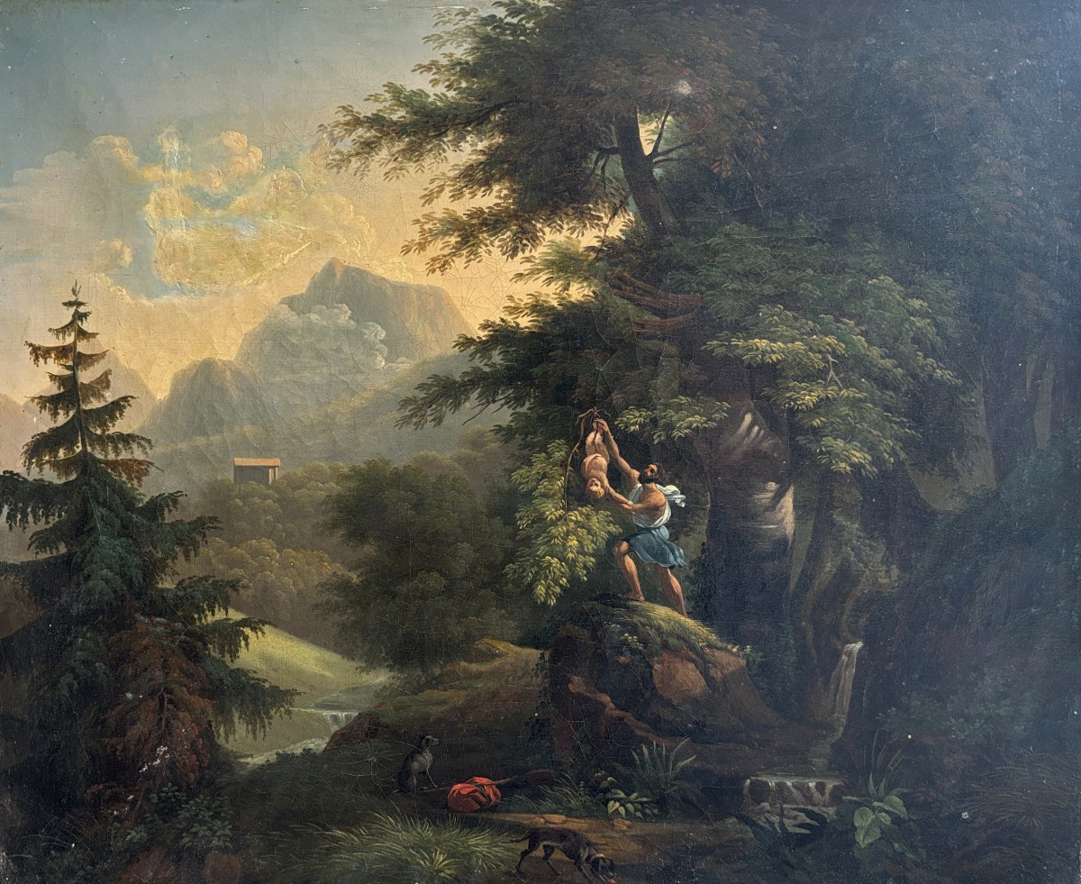 Ecole française néoclassique vers 1830, Paysage: Oedipe enfant détaché de l'arbre par Phorbas