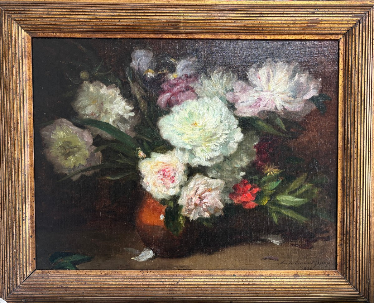 Emile Dupont-Zipcy (1822-1885), Nature morte aux pivoines et Iris, Huile sur toile, 1882