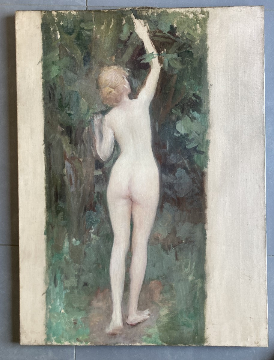 Ecole Française Vers 1900, La cueillette ou nu de dos, huile sur toile, étude-photo-2