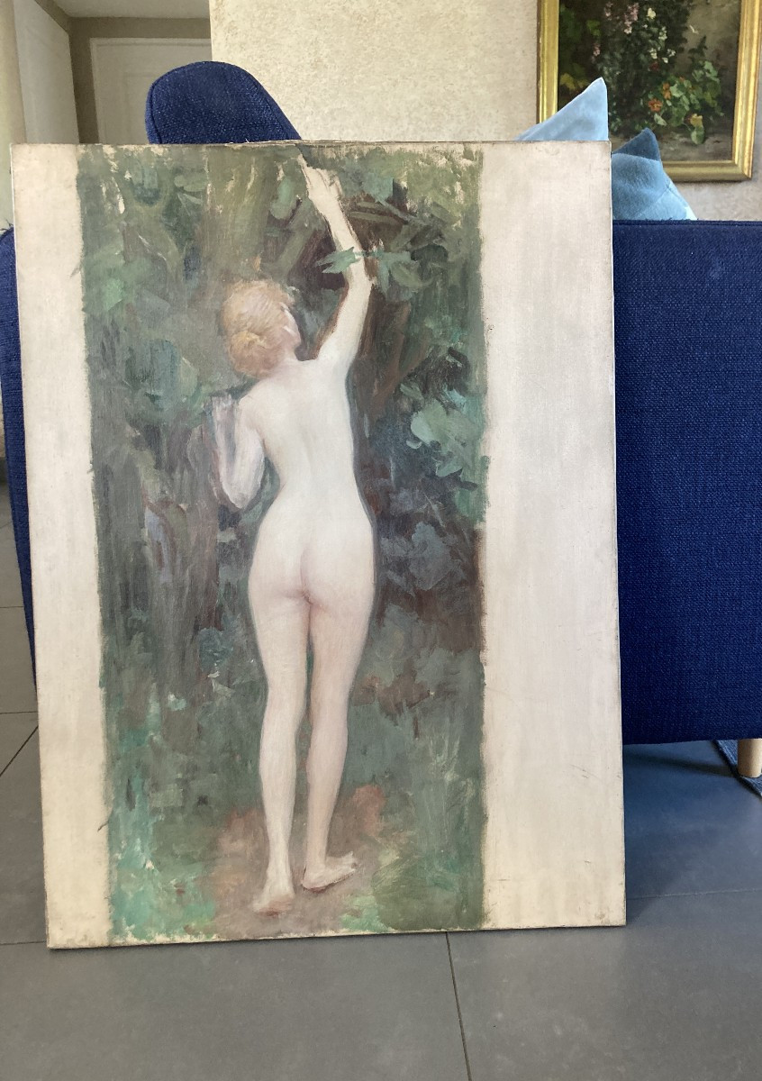 Ecole Française Vers 1900, La cueillette ou nu de dos, huile sur toile, étude-photo-3